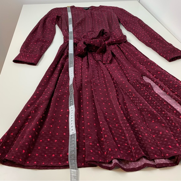 Club Monaco Dress Burgundy Belted Dots Sz 4 Midi Length Flared Skirt Classic - Picture 5 of 11